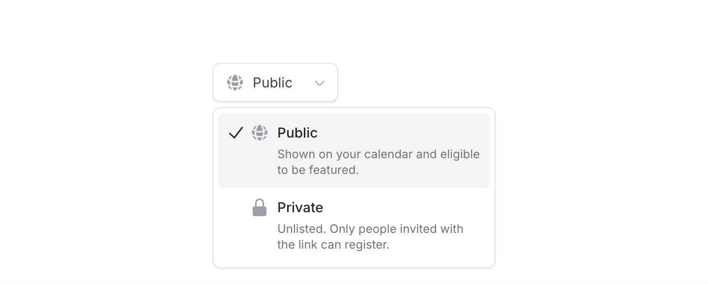 A compact visibility select with a wider dropdown showing Public and Private options with icons and descriptions